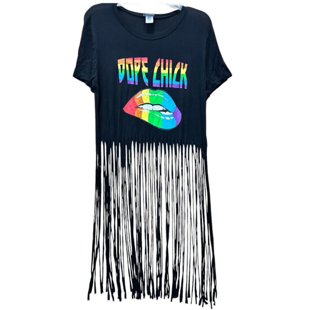 Dope Chick Lips retro short sleeve fringe t-shirt  Popular Sport SIZE LARGE